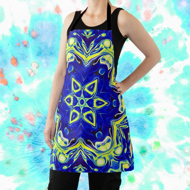 Psychedelic Mandala Flower Blue and Yellow Apron (Creator Uploaded)