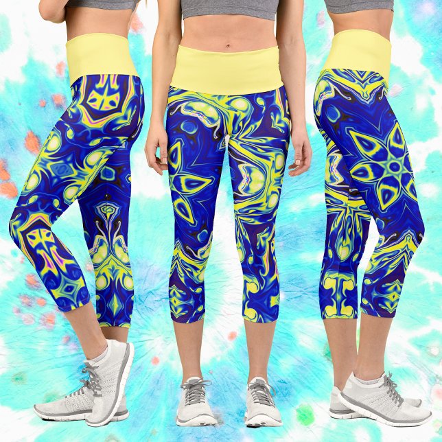 Psychedelic Mandala Flower Blue and Yellow Capri Leggings (Creator Uploaded)