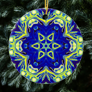 Psychedelic Mandala Flower Blue and Yellow Ceramic Ornament