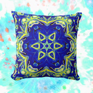 Psychedelic Mandala Flower Blue and Yellow Cushion