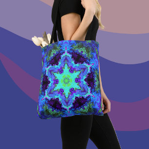 Psychedelic Mandala Flower Blue Green and Purple Tote Bag