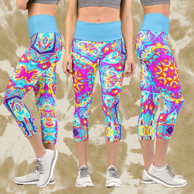 Psychedelic Mandala Flower Blue Pink and Yellow Capri Leggings (Creator Uploaded)