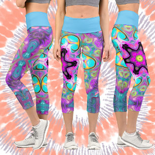 Psychedelic Mandala Flower Blue Pink and Yellow Capri Leggings