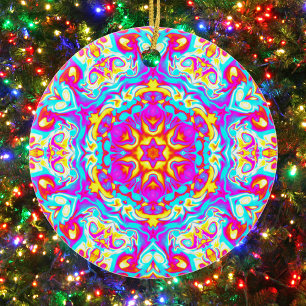 Psychedelic Mandala Flower Blue Pink and Yellow Ceramic Ornament