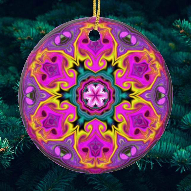 Psychedelic Mandala Flower Blue Pink and Yellow Ceramic Ornament (Creator Uploaded)