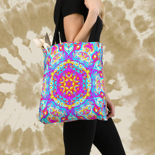 Psychedelic Mandala Flower Blue Pink and Yellow Tote Bag