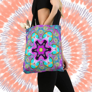 Psychedelic Mandala Flower Blue Pink and Yellow Tote Bag