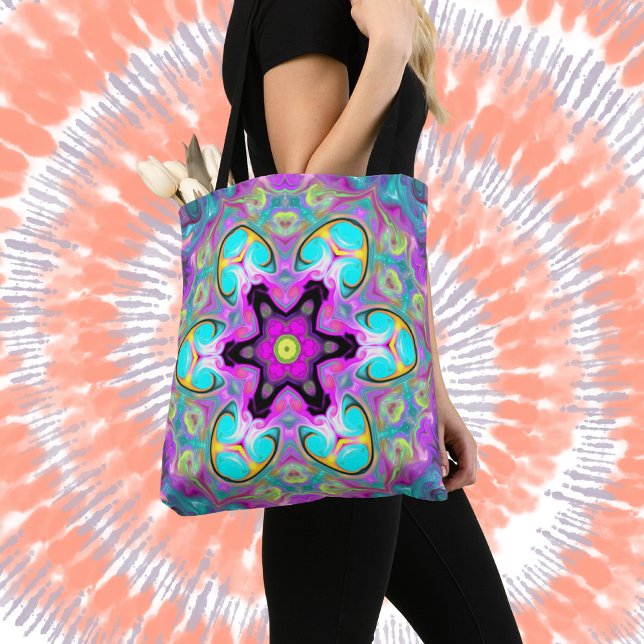Psychedelic Mandala Flower Blue Pink and Yellow Tote Bag (Creator Uploaded)