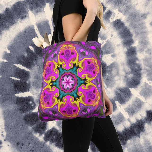 Psychedelic Mandala Flower Blue Pink and Yellow Tote Bag (Creator Uploaded)