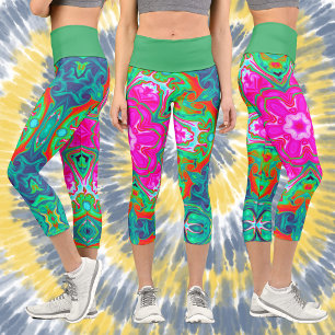 Psychedelic Mandala Flower Blue Pink Green and Red Capri Leggings