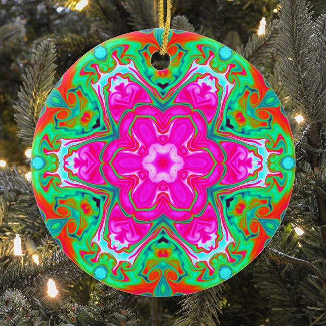 Psychedelic Mandala Flower Blue Pink Green and Red Ceramic Ornament (Creator Uploaded)