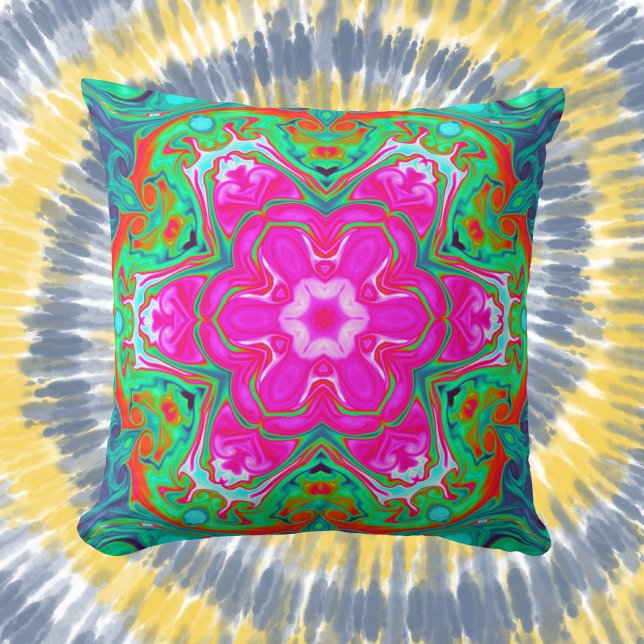 Psychedelic Mandala Flower Blue Pink Green and Red Cushion (Creator Uploaded)