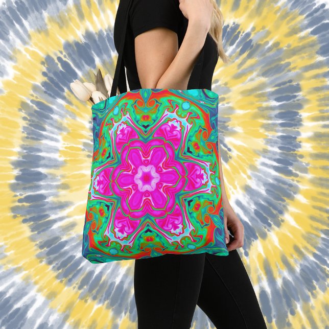 Psychedelic Mandala Flower Blue Pink Green and Red Tote Bag (Creator Uploaded)