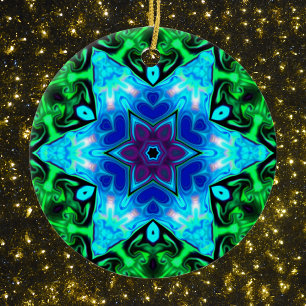 Psychedelic Mandala Flower Blue Purple and Green Ceramic Ornament