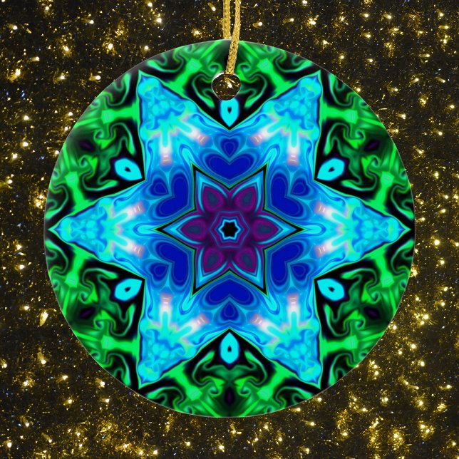 Psychedelic Mandala Flower Blue Purple and Green Ceramic Ornament (Creator Uploaded)
