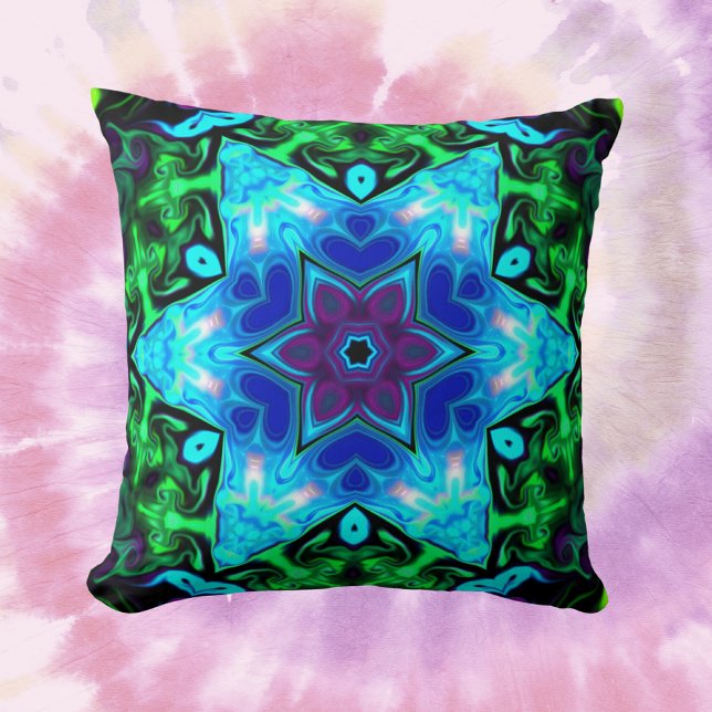 Psychedelic Mandala Flower Blue Purple and Green Cushion (Creator Uploaded)
