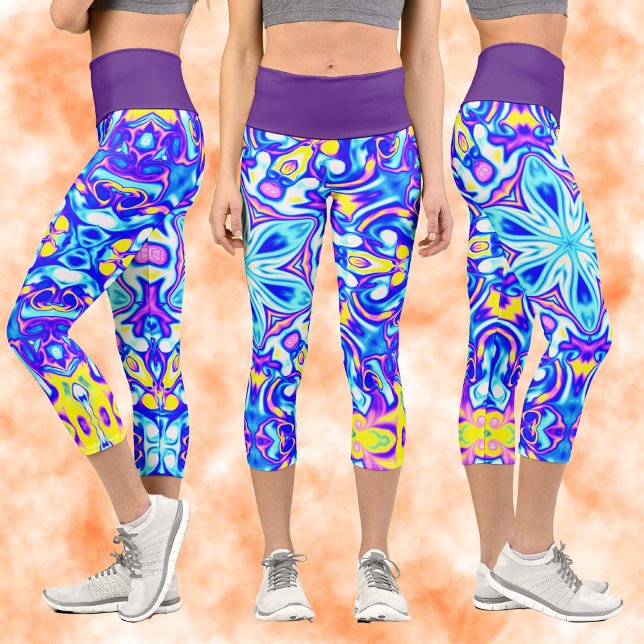Psychedelic Mandala Flower Blue Purple and Yellow Capri Leggings (Creator Uploaded)