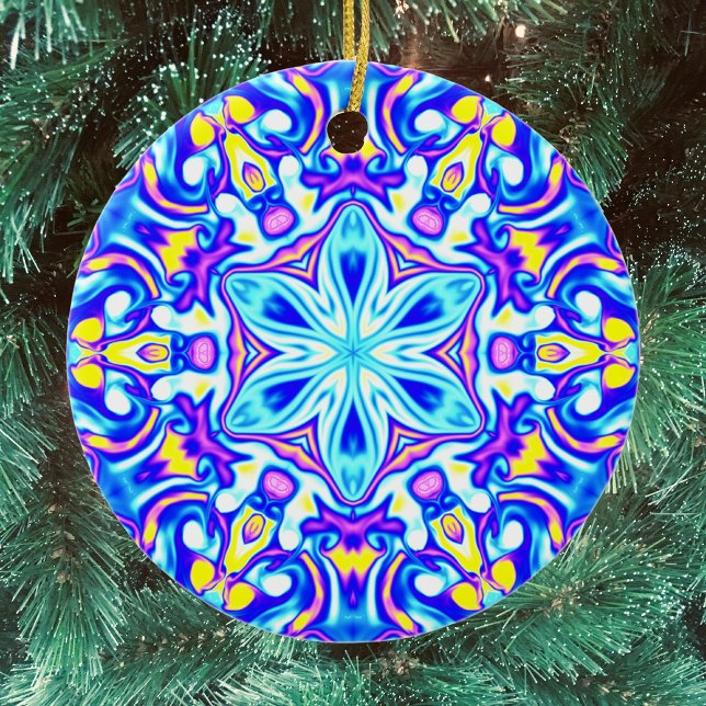 Psychedelic Mandala Flower Blue Purple and Yellow Ceramic Ornament (Creator Uploaded)