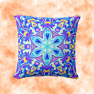 Psychedelic Mandala Flower Blue Purple and Yellow Cushion