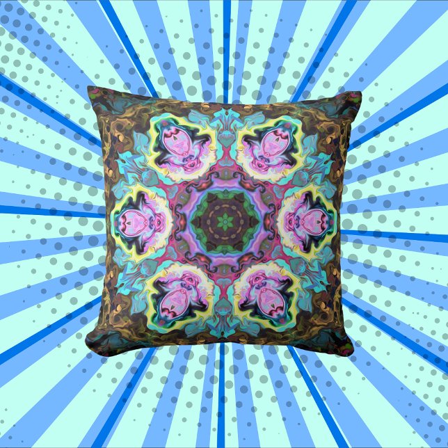 Psychedelic Mandala Flower Blue Yellow and Pink Cushion (Creator Uploaded)