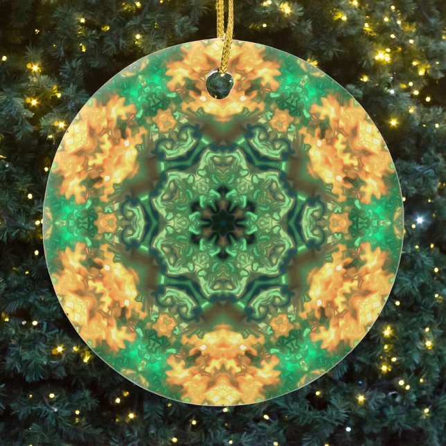 Psychedelic Mandala Flower Green and Yellow Ceramic Ornament (Creator Uploaded)