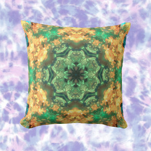 Psychedelic Mandala Flower Green and Yellow Cushion