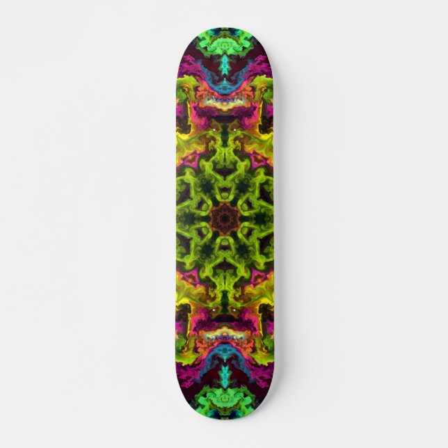 Psychedelic Mandala Flower Green Blue and Purple Skateboard (Front)