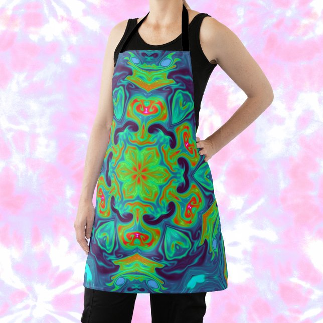 Psychedelic Mandala Flower Green Blue and Red Apron (Creator Uploaded)