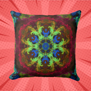 Psychedelic Mandala Flower Green Blue and Red Cushion