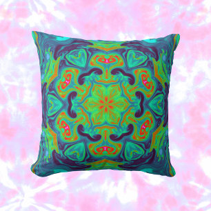 Psychedelic Mandala Flower Green Blue and Red Cushion