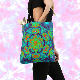 Psychedelic Mandala Flower Green Blue and Red Tote Bag