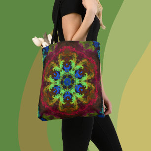 Psychedelic Mandala Flower Green Blue and Red Tote Bag