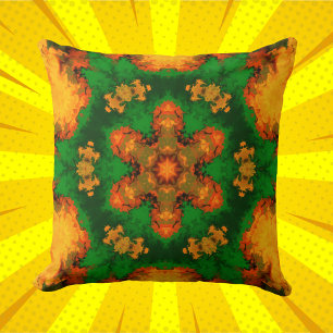 Psychedelic Mandala Flower Green Orange and Yellow Cushion
