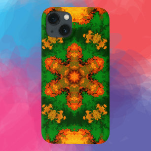 Psychedelic Mandala Flower Green Orange and Yellow iPhone 13 Case