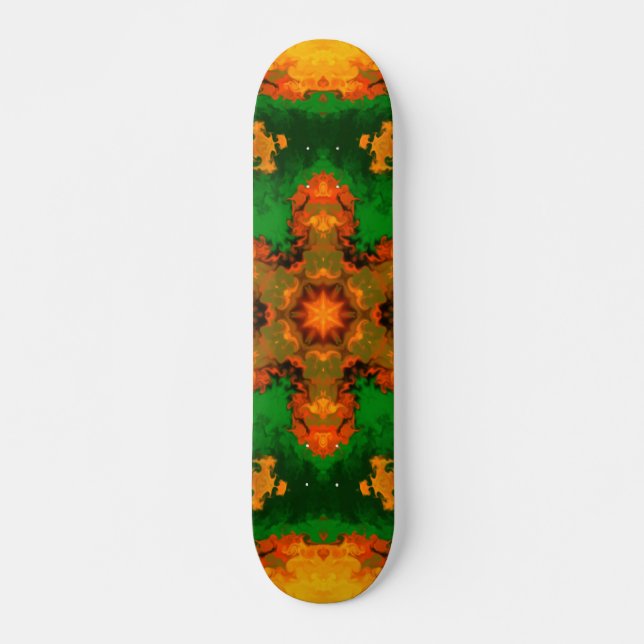 Psychedelic Mandala Flower Green Orange and Yellow Skateboard (Front)