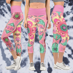 Psychedelic Mandala Flower Green Pink and Yellow Capri Leggings