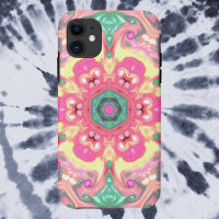 Psychedelic Mandala Flower Green Pink and Yellow