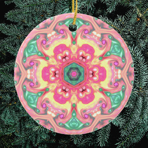 Psychedelic Mandala Flower Green Pink and Yellow Ceramic Ornament