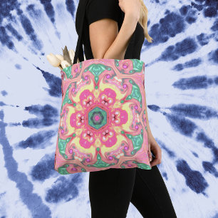 Psychedelic Mandala Flower Green Pink and Yellow Tote Bag