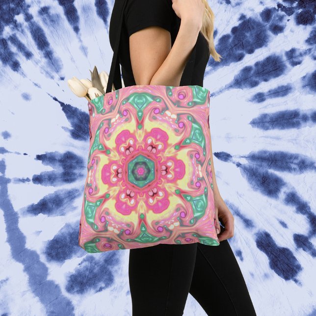 Psychedelic Mandala Flower Green Pink and Yellow Tote Bag (Creator Uploaded)