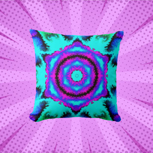 Psychedelic Mandala Flower Pink Purple and Blue Cushion