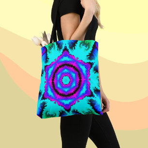 Psychedelic Mandala Flower Pink Purple and Blue Tote Bag