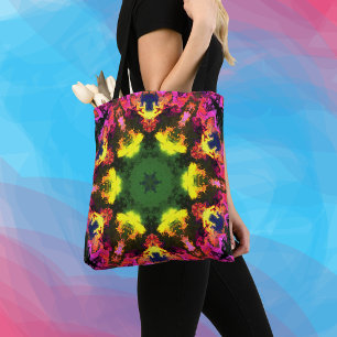Psychedelic Mandala Flower Pink Yellow and Green Tote Bag