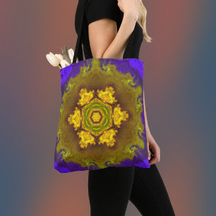 Psychedelic Mandala Flower Purple and Yellow Tote Bag
