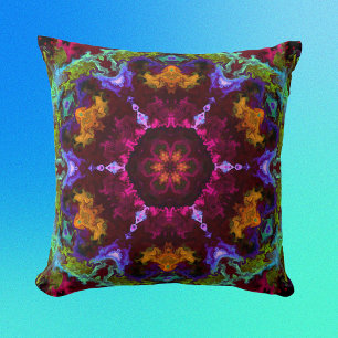 Psychedelic Mandala Flower Purple Orange and Green Cushion