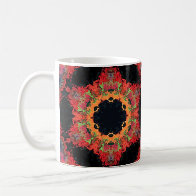 Psychedelic Mandala Flower Red Orange and Green Coffee Mug (Left)