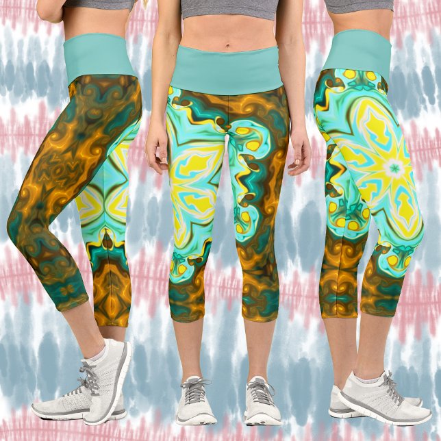 Psychedelic Mandala Flower Teal and Yellow Capri Leggings (Creator Uploaded)