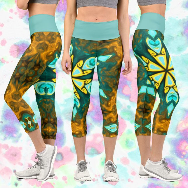 Psychedelic Mandala Flower Teal and Yellow Capri Leggings (Creator Uploaded)