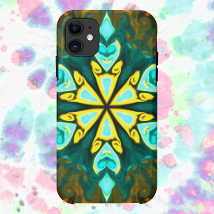 Psychedelic Mandala Flower Teal and Yellow iPhone 11 Case