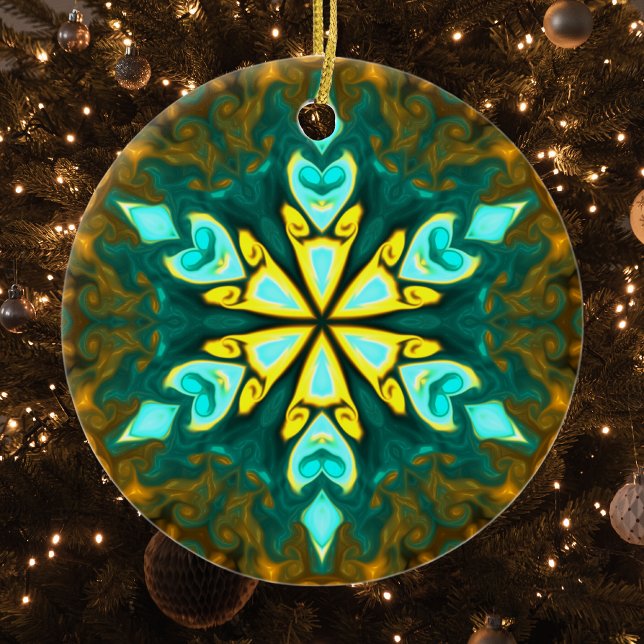 Psychedelic Mandala Flower Teal and Yellow Ceramic Ornament (Creator Uploaded)